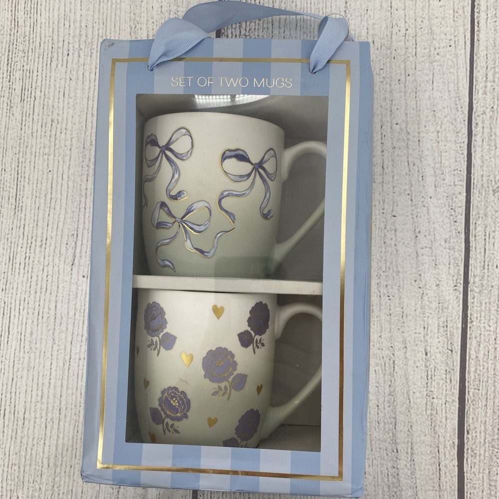 Petal and Pearl Coffee Mug Set Blue White Ceramic Cups Flowers Bows Gift Bag